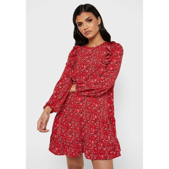 Topshop Dresses & Skirts - Topshop Dress Red Dot Print Ruffle Long Sleeve Mini NWT
